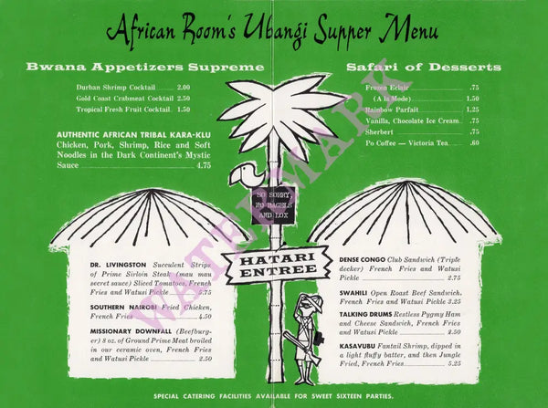 African Room, New York 1970s Menu