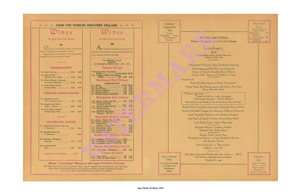 Agua Caliente, Tijuana, Mexico, 1934 Menu