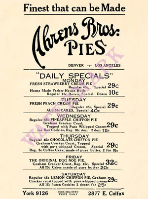 Ahrens Bros Pies Denver and Los Angeles 1930s menu