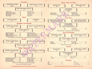 Alfred's, Atlantic City 1960s Menu