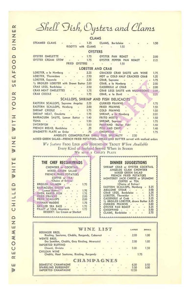 Angelo's Monterey 1960s Vintage Menu 