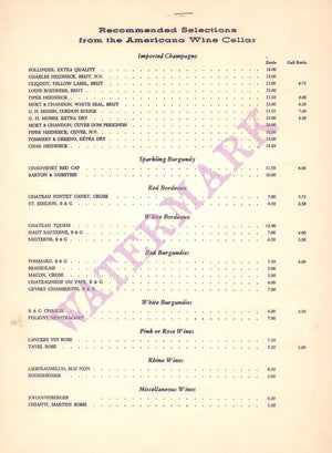 Bal Masque Supper Club, Americana Hotel, Bal Harbour 1970s Wine List