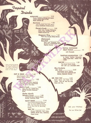 Bali Hai, San Diego 1974 Drinks Menu
