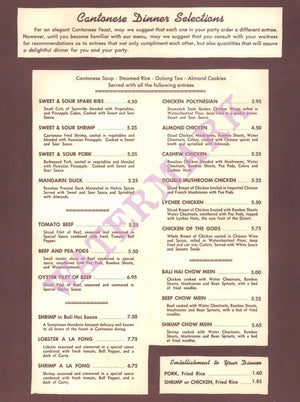 Bali Hai, San Diego 1974 Dinner Menu