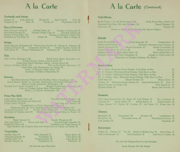 Beverly Hills Hotel, Los Angeles 1940s Menu