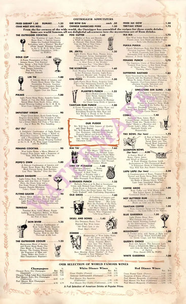 Billingsley's The Outrigger, Laguna Beach 1960s Menu
