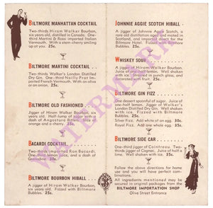 Cocktail Menu Biltmore Hotel, Los Angeles 1930s