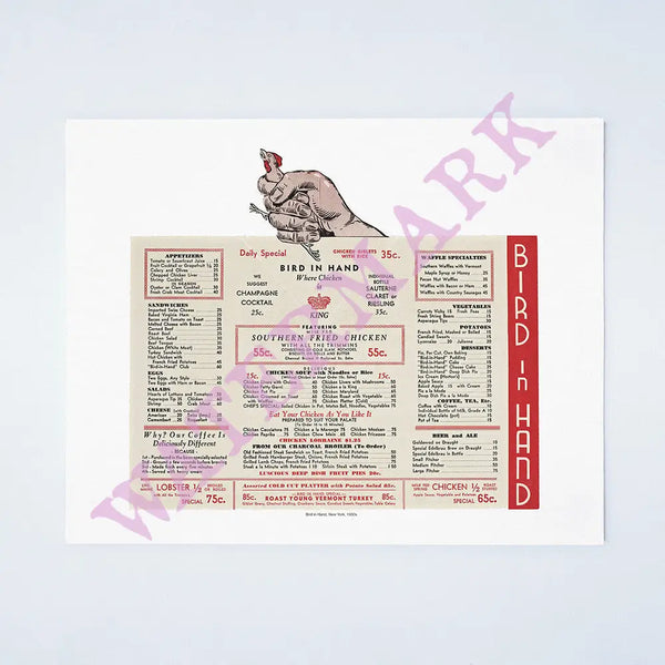 Bird In Hand, New York 1930s Vintage Menu 