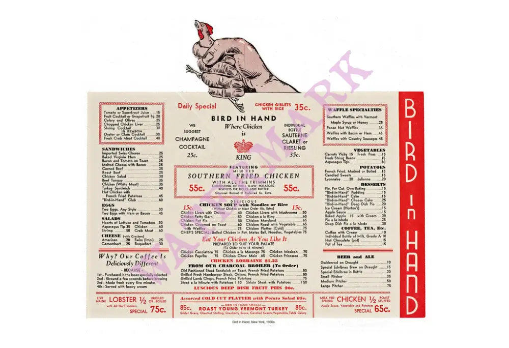 Bird In Hand, New York 1930s Vintage Menu