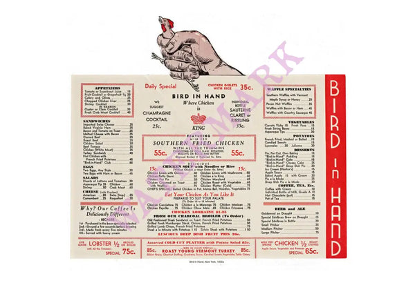 Bird In Hand, New York 1930s Vintage Menu