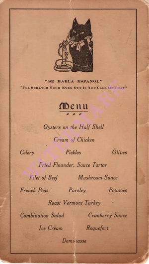 Black Cat Dinner, Unknown USA 1909 Menu