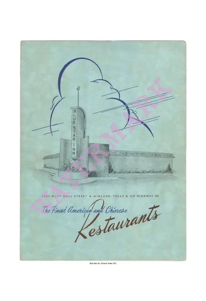 Blue Star Inn Chinese American Restaurant Midland Texas 1941