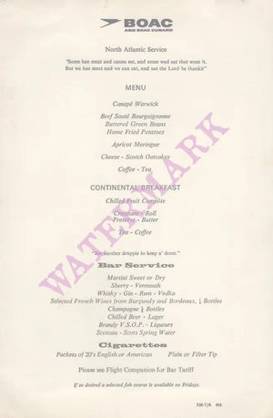 BOAC North Atlantic Service (London) 1967 inflight menu