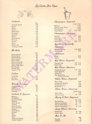 Boulevard Room, Jefferson Hotel St Louis 1960s Wine List