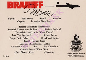 Braniff International Airways, In-flight Menu 1960s to Lima
