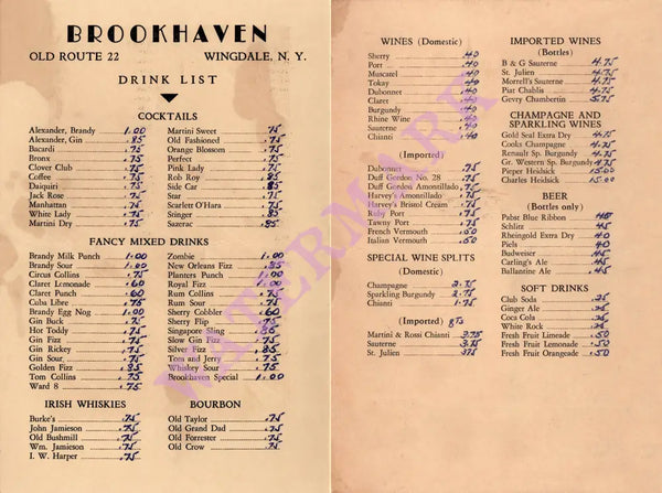Brookhaven Wine List, Wingdale NY 1950s Menu