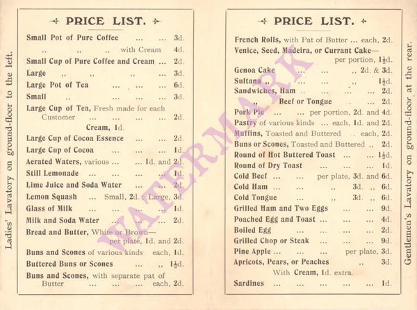Bull Street Café, Birmingham 1910 - 1920 Menu