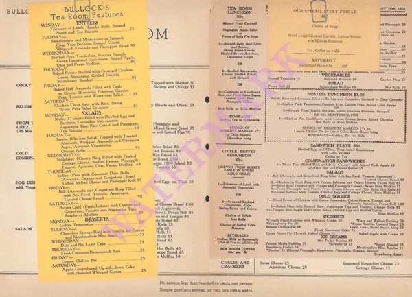 Bullock's Tea Room, Los Angeles 1939 Menu 