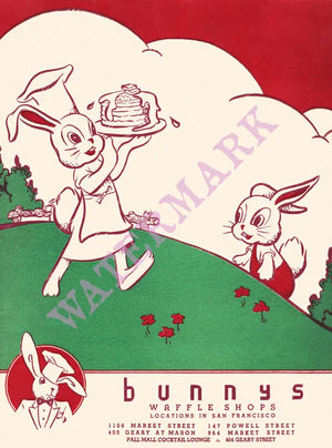 Bunny's Waffle House, San Francisco 1930s rabbit menu art