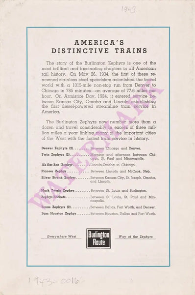 Burlington Zephyr, 1943 Menu 