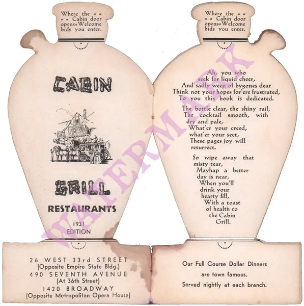Cabin Grill, New York 1935 Menu