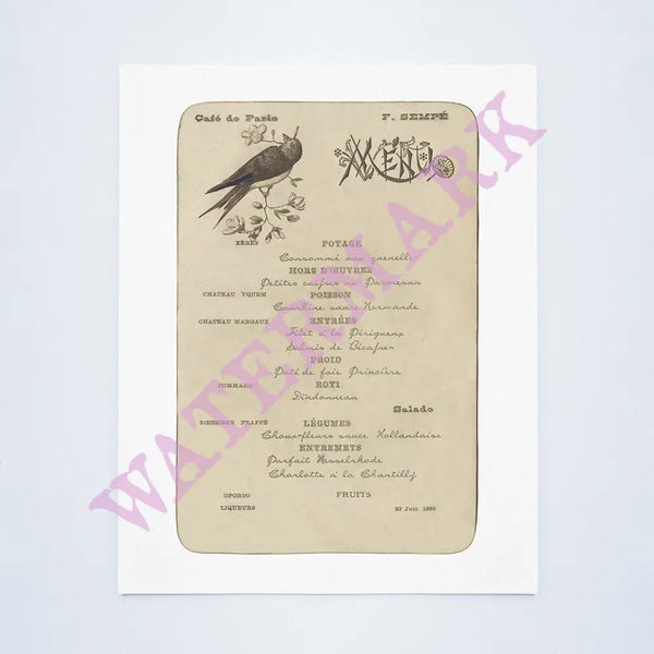 Café de Paris, Buenos Aires, June 1888 Vintage French Menu Art