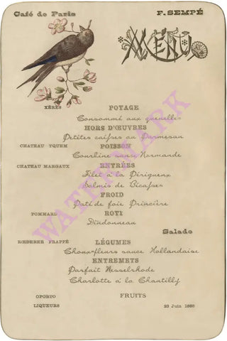 Café de Paris (Bird), Buenos Aires, June 1888 Menu Art