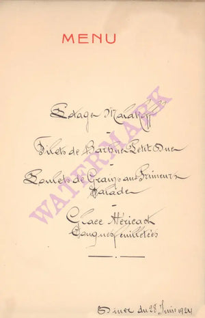 Cafe de Paris, Armenonville, France 1924 Menu