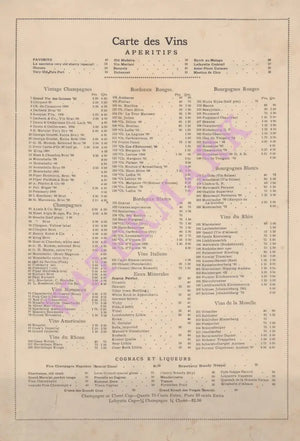 Café Lafayette, New York September 1907 Wine List