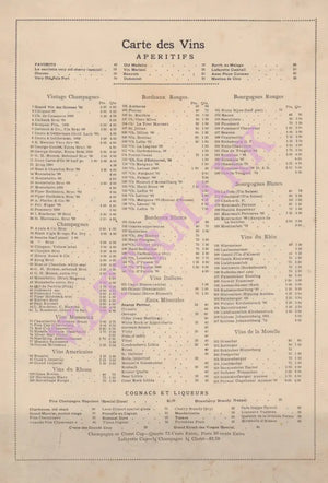 Café Lafayette, New York September 1907 Wine List
