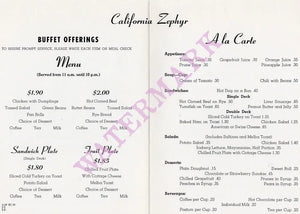 California Zephyr, San Francisco Cable Car Room 1969 Menu