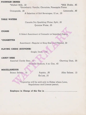 California Zephyr, San Francisco Cable Car Room 1969 Menu