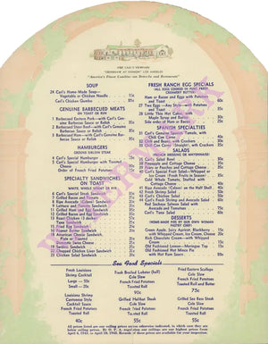 Carl's, Los Angeles 1940s Menu