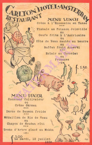 Carlton Hotel, Amsterdam 1938 Menu Art