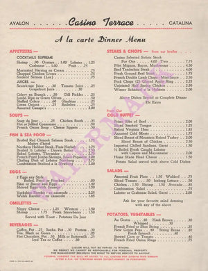 Casino Terrace, Catalina, California 1948 Menu