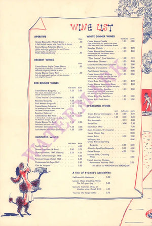 Chez Yvonne, Mountain View 1950s | Vintage Menu Art – wine list