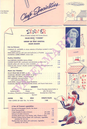 Chez Yvonne, Mountain View 1950s | Vintage Menu Art – dinner menu