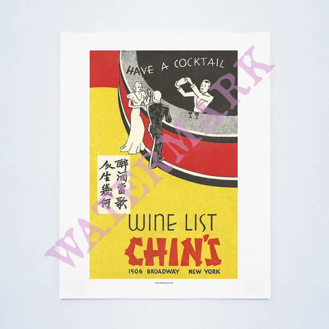 Chin's Wine List, New York, 1937 Vintage Menu Art