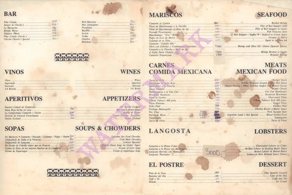 Chocko's & Tere, Veracruz 1970s Menu