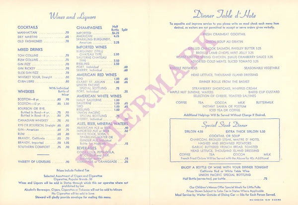 City of Portland Streamliner 1953 Menu