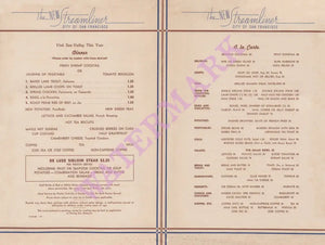 City of San Francisco Streamliner 1938 Menu