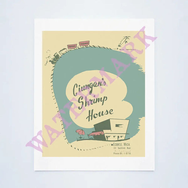 Ciungan's Shrimp House, Ecorse, Michigan 1954 Vintage Menu Art