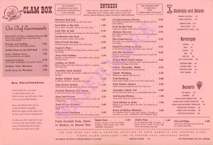 Clam Box, Carmel-by-the-Sea, 1960s/70s Menu