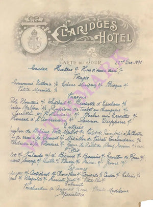 Claridge's, London, December 1898 Menu Art