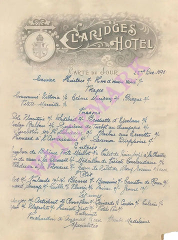Claridge's, London, December 1898 Menu Art