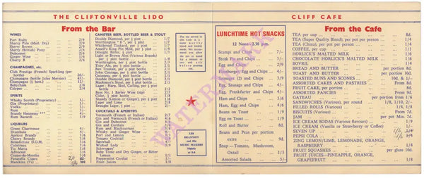 Cliftonville Lido Margate Kent 1950s Menu 