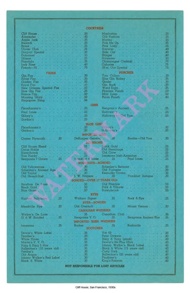 Cliff House San Francisco 1930s Vintage Americana Menus