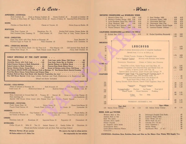 Cliff House, San Francisco, 1940 Menu