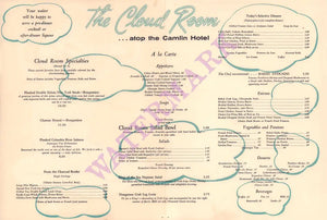 Cloud Room Camlin Hotel, Seattle 1960s Menu