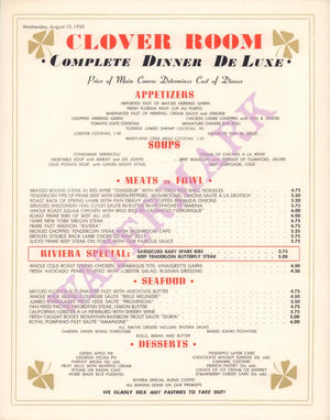Clover Room, Riviera Hotel & Casino, Las Vegas 1959 Dinner Menu